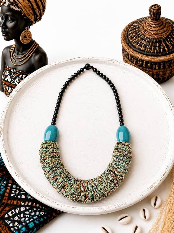 Collar-africano-artesanal-de-tela-reciclada-y-bolas-de-ceramica-verde