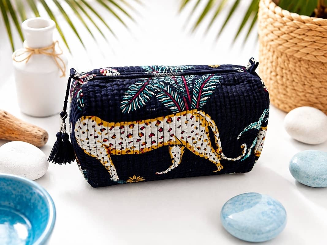 Colección de neceseres de tela acolchada en color negro con estampados tropicales de loros exóticos y leopardos, con detalles de borlas negras en la cremallera.