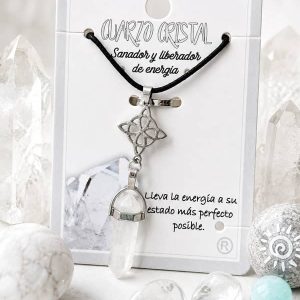 Colgante amuleto con nudo de bruja de acero y punta de cuarzo cristal natural