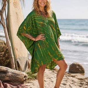 poncho playero verde y amarillo estilo tie dye de rayón