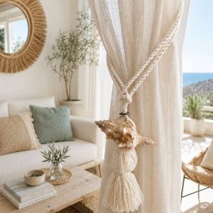 Alzapaños decorativo de estilo boho marinero con cuerda trenzada, concha natural y borla
