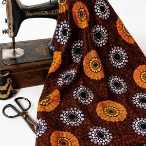 Tela africana Super Java auténtica con estampado de flores naranjas y marrones
