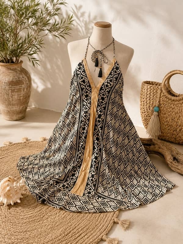 Vestido Corto Boho de Algodón de India – Estampado Étnico con Escote Halter - Imagen 2