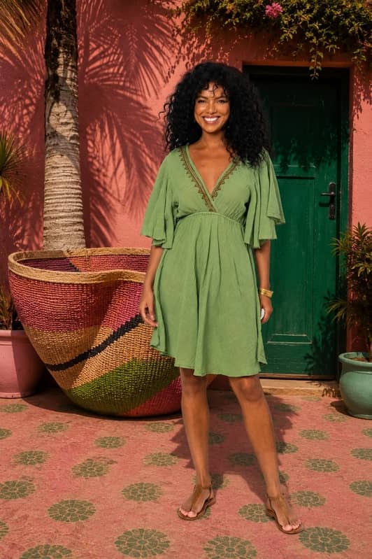 Vestido corto verde caqui cien por cien algodon con escote estampado etnico dibujado y mangas mariposa para mujer