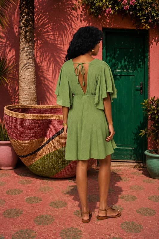 Espalda de Vestido corto verde caqui cien por cien algodon con escote estampado etnico dibujado y mangas mariposa para mujer