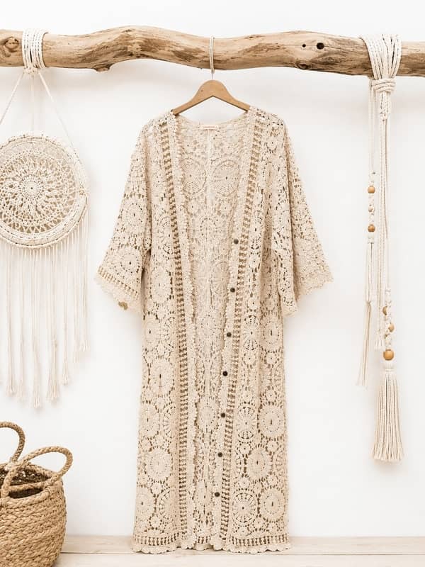 Chaqueta larga de crochet beige tipo kimono con diseño calado de flore