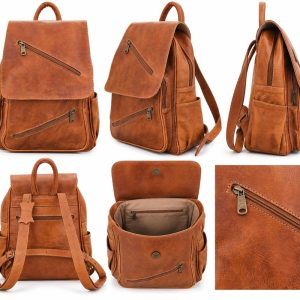Mochila de cuero artesanal color camel con bolsillos de cremallera diagonales y estilo boho chic de Sawabona.