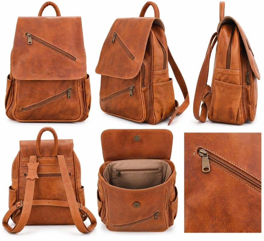 Mochila de cuero artesanal color camel con bolsillos de cremallera diagonales y estilo boho chic de Sawabona.