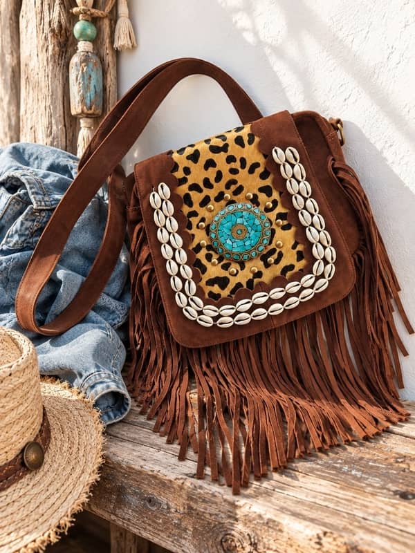 Bolso de ante marrón con flecos largos conchas naturales y medallón de turquesa estilo boho chic
