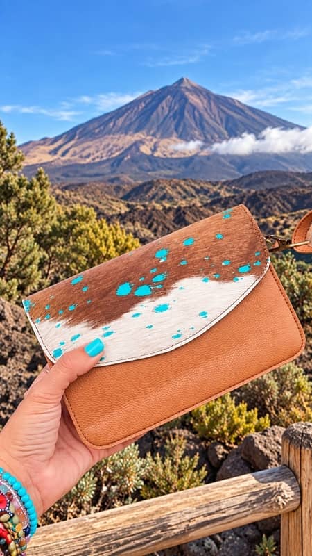 Bolso de cuero artesanal marrón con solapa de estampado animal y detalles turquesas