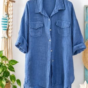 Camisa de lino 100 por cien para mujer en color azul estilo oversize de la tienda Sawabona