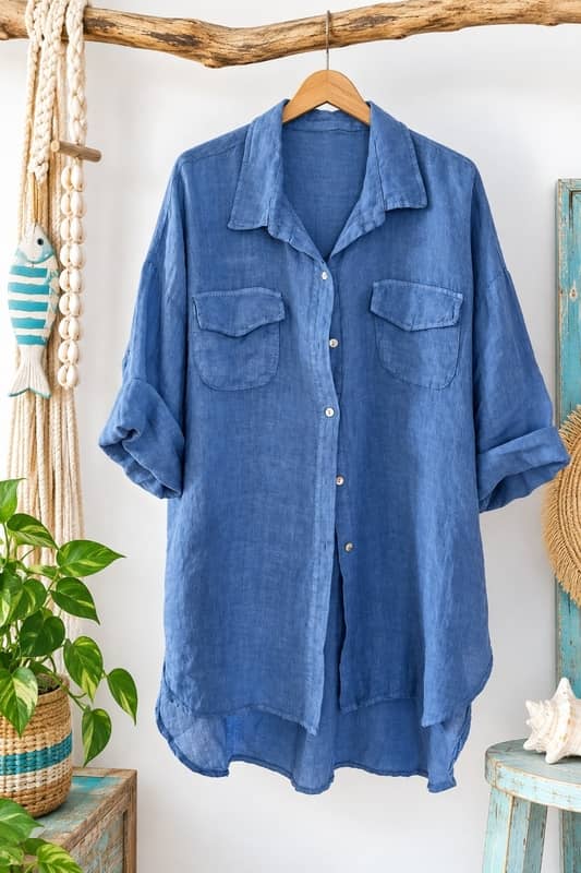 Camisa de lino 100 por cien para mujer en color azul estilo oversize de la tienda Sawabona