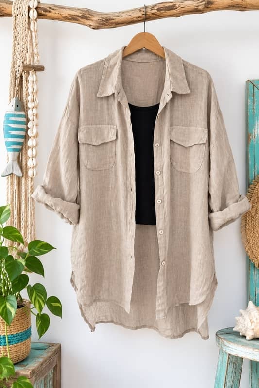 Sobrecamisa de lino beige arena de mujer abierta con top negro moda boho canarias