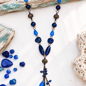 Collar largo de cristal azul estilo boho de la India