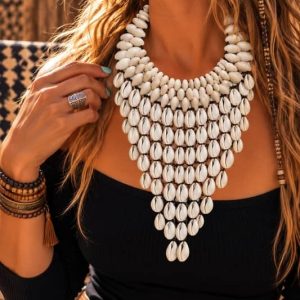 Mujer rubia con estilo bohemio luciendo un espectacular maxi collar de conchas cauri blancas sobre un top negro de manga larga.