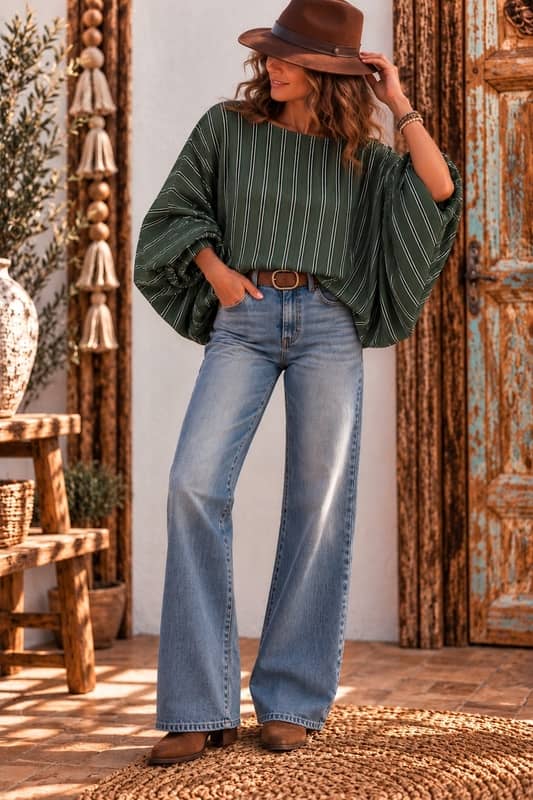 • Modelo posando con blusa de rayas verdes y mangas murciélago abullonadas con vaqueros campana en Sawabona.