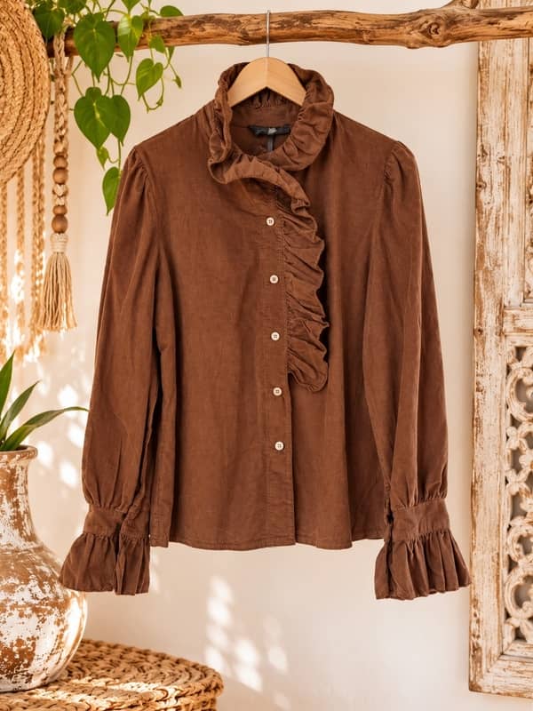 Camisa de pana fina color marrón chocolate de algodón con puños elásticos y volantes en el cuello de la tienda online Sawabona.
