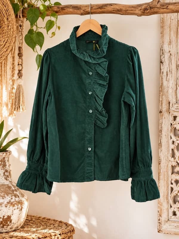 Blusa de pana fina verde esmeralda con cuello de volantes románticos de Sawabona colgada en un perchero rústico de madera.