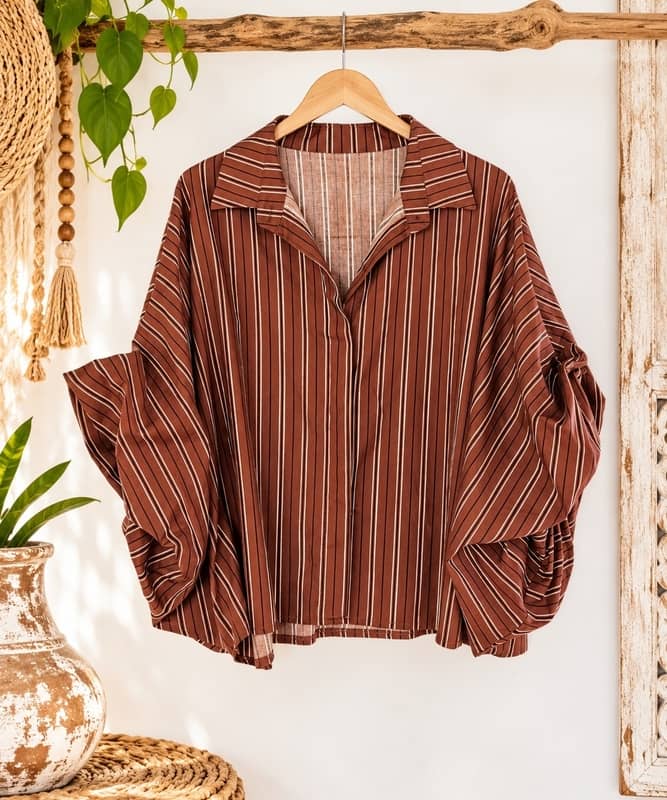 Camisa de rayas verticales color marrón terracota con mangas abullonadas fruncidas de Sawabona colgada en perchero de madera rústica.