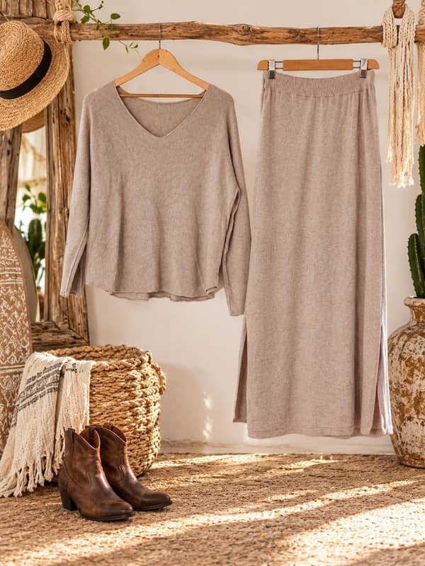 Conjunto de punto beige de jersey y falda larga de Sawabona colgado en un perchero rústico de madera junto a unas botas camperas marrones.
