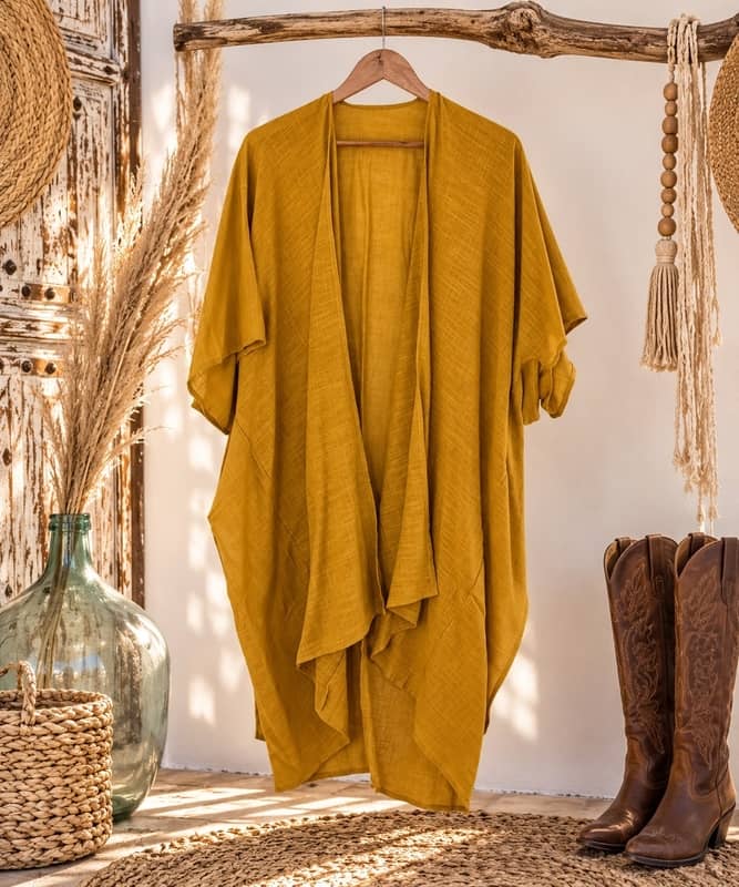 Kimono de la India color mostaza de algodón de Sawabona colgado de una percha en un perchero de rama rústica, decorado con damajuana de cristal, pampas secas y unas botas camperas marrones a los pies.