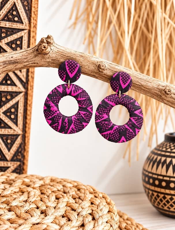 Pendientes circulares de tela wax africana en tonos fucsia y negro hechos a mano en Senegal en el taller de Fatu de la tienda Sawabona