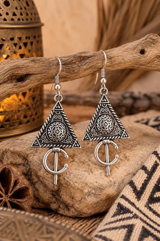 Pendientes de alpaca artesanales diseño triangular con fibula bereber sobre roca