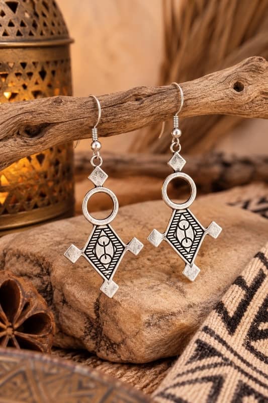 Pendientes etnicos de la cruz del desierto en alpaca grabada artesanalmente
