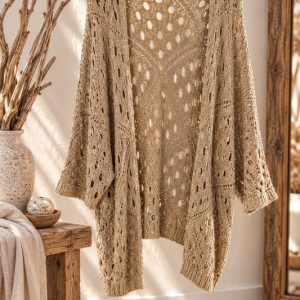 Rebeca de punto calado en color beige con hilos dorados de estilo boho chic colgada en una percha de madera en la tienda Sawabona
